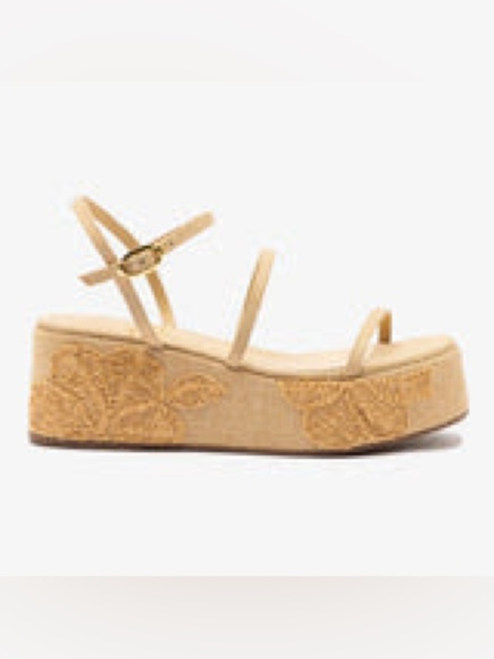 Larroude Gio Flatform In Beige Raffia And Hibiscus Embroidery